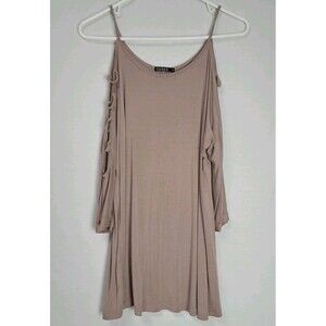 OUGES Women's Medium Three-Quarter Sleeves Hollowed Out Shoulder Top Beige